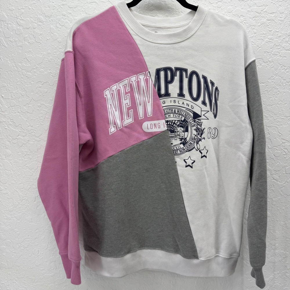 Hollister New York Long Island Colorblock Sweatshirt XS Pink Gray White Crewneck